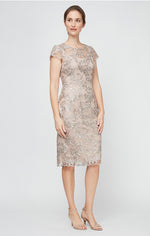 Petite Embroidered Sheath Dress with Illusion Neckline and Cap Sleeves