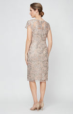 Petite Embroidered Sheath Dress with Illusion Neckline and Cap Sleeves