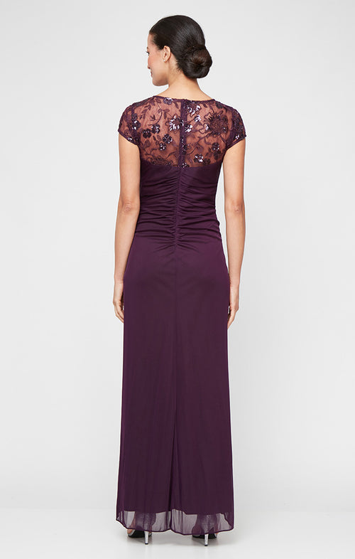 Regular - Cascade Detail Dress with Embroidered Illusion Neckline and Cap Sleeves