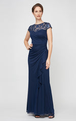 Long Cascade Detail Dress with Embroidered Illusion Neckline and Cap Sleeves