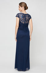 Long Cascade Detail Dress with Embroidered Illusion Neckline and Cap Sleeves