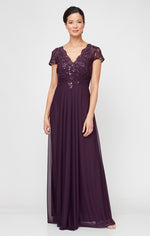 Long Surplice Neckline A-Line Dress with Embroidered Pleated Waist and Scallop Detail