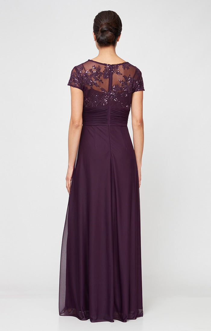 Long Surplice Neckline A-Line Dress with Embroidered Pleated Waist and Scallop Detail