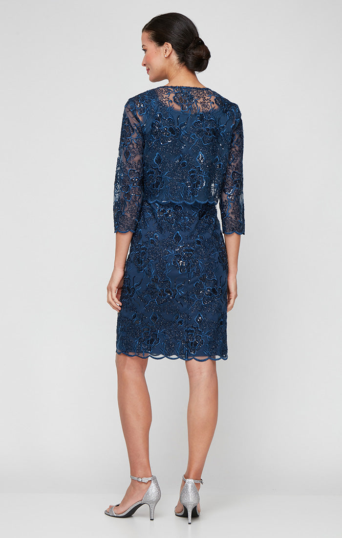 Petite Short Embroidered Sheath Jacket Dress with Scoop Neckline and Hook Neck Closure Jacket