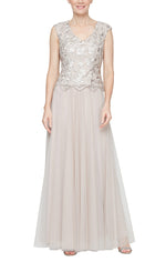 Long V-Neck Stretch Tulle Embroidered Mock  Dress with Cap Sleeves and Full Skirt