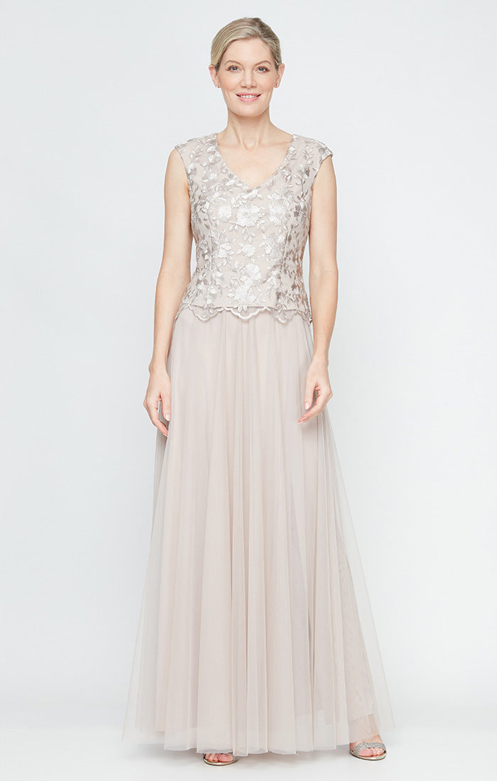 Long V-Neck Embroidered Stretch Tulle Gown