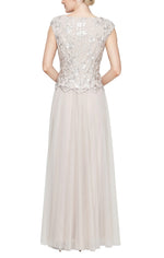 Long V-Neck Stretch Tulle Embroidered Mock  Dress with Cap Sleeves and Full Skirt