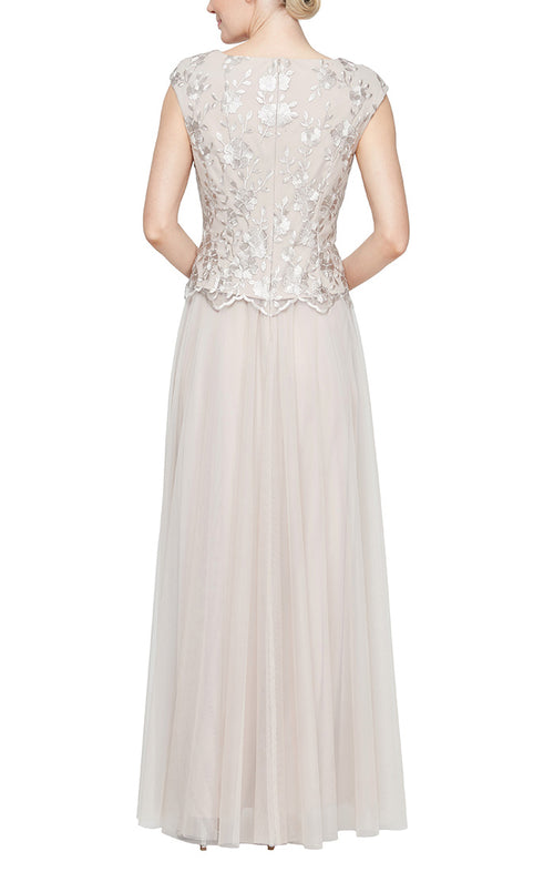 Long V-Neck Stretch Tulle Embroidered Mock  Dress with Cap Sleeves and Full Skirt