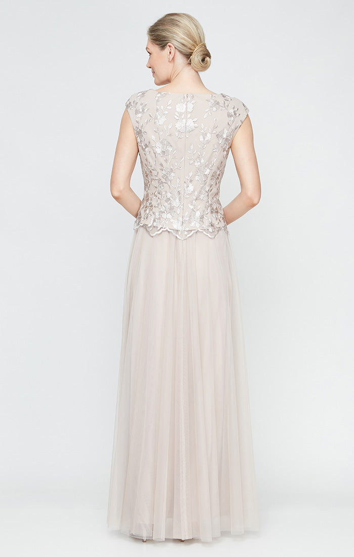 Long V-Neck Embroidered Stretch Tulle Gown