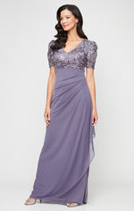 Petite Long Embroidered V-Neck Dress with Ruff Shoulder Elbow Sleeves and Cascade Detail Skirt