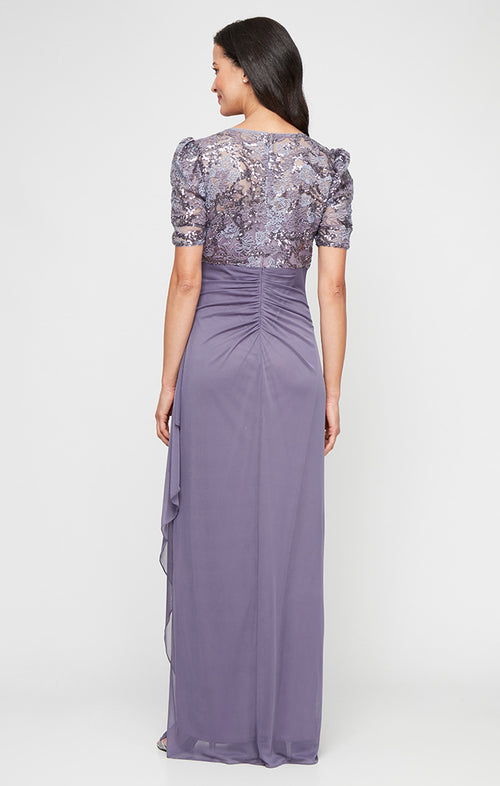 Petite Long Embroidered V-Neck Dress with Ruff Shoulder Elbow Sleeves and Cascade Detail Skirt