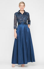 Petite Long A-Line Stretch Tulle Dress with Embroidered Bodice, Illusion Sleeves and Structured Belt