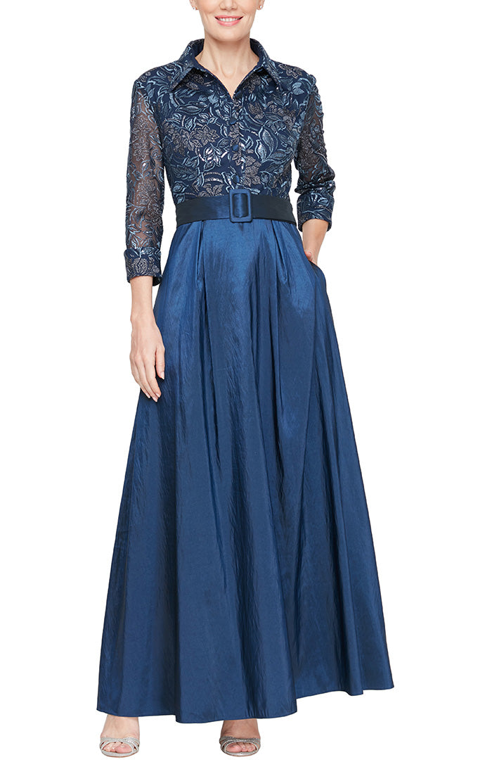 Petite Long A-Line Stretch Tulle Dress with Embroidered Bodice, Illusion Sleeves and Structured Belt