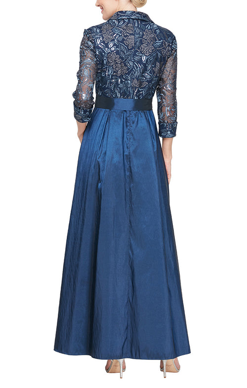 Long A-Line Stretch Tulle Dress with Embroidered Bodice, Illusion Sleeves and Structured Belt