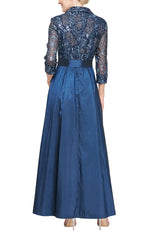 Petite Long A-Line Stretch Tulle Dress with Embroidered Bodice, Illusion Sleeves and Structured Belt