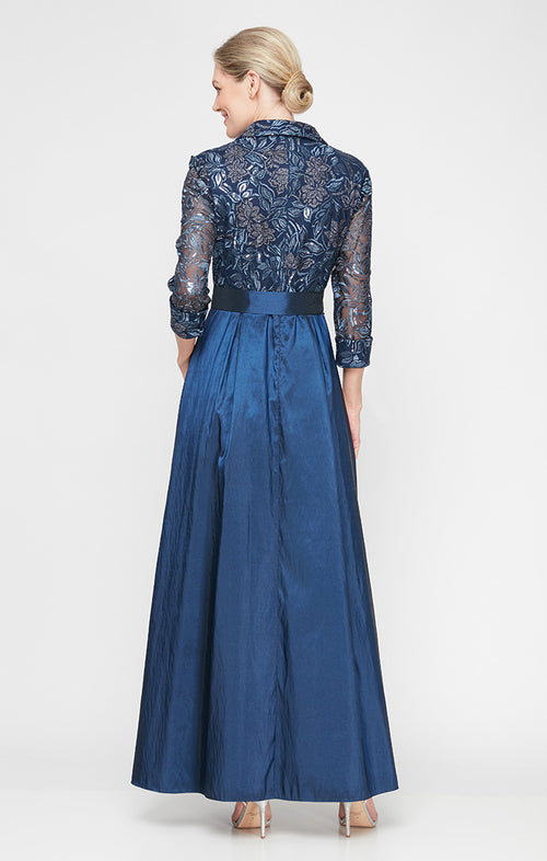 Petite Long A-Line Stretch Tulle Dress with Embroidered Bodice, Illusion Sleeves and Structured Belt