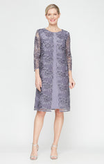 Short Stretch Tulle Embroidered Mock Jacket Dress with Attached Jacket and Illusion Sleeves