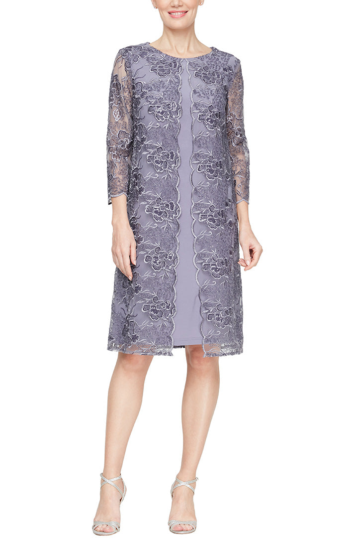 Short Stretch Tulle Embroidered Mock Jacket Dress with Attached Jacket and Illusion Sleeves