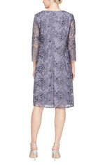 Short Stretch Tulle Embroidered Mock Jacket Dress with Attached Jacket and Illusion Sleeves