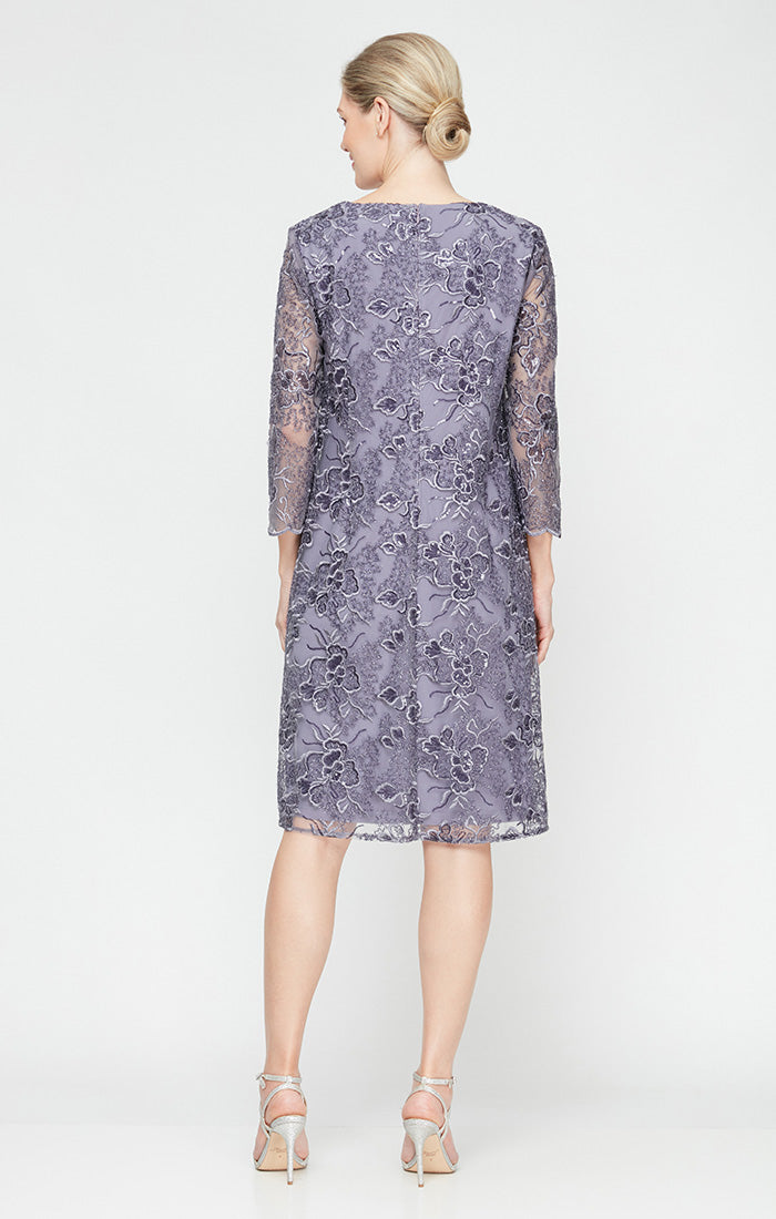 Short Stretch Tulle Embroidered Mock Jacket Dress with Attached Jacket and Illusion Sleeves