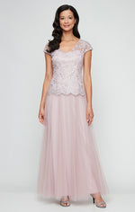 Long Embroidered Mock Dress with V-Neckline, Cap Sleeves and Full Tulle Skirt