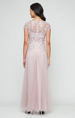 Long Embroidered Mock Dress with V-Neckline, Cap Sleeves and Full Tulle Skirt