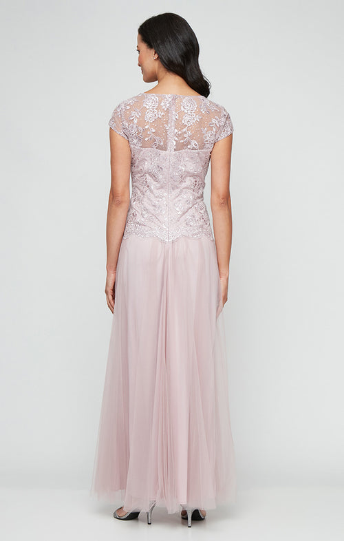 Long Embroidered Mock Dress with V-Neckline, Cap Sleeves and Full Tulle Skirt