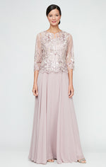 Long Sequin Embroidered Mock Jacket Dress with Center Front Closure Jacket and Full Skirt