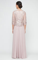 Long Sequin Embroidered Mock Jacket Dress with Center Front Closure Jacket and Full Skirt