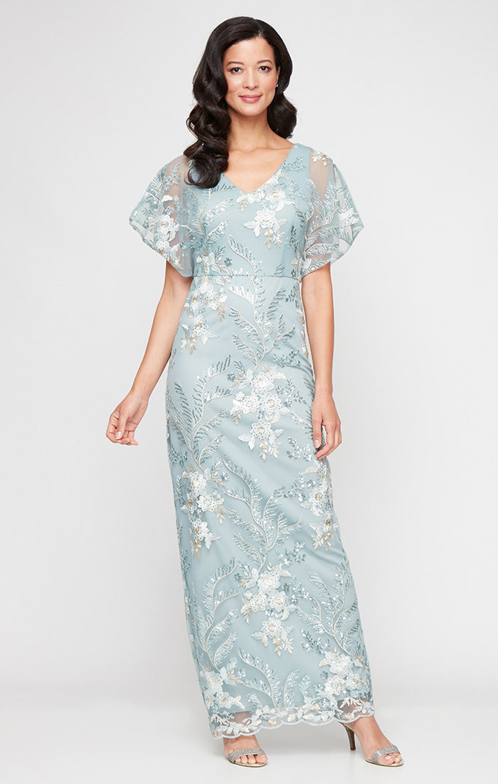 Long V-Neck Embroidered Dress with Kimono Inset Sleeve