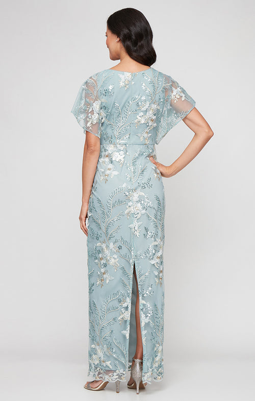 Long V-Neck Embroidered Dress with Kimono Inset Sleeve