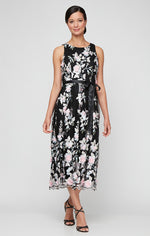 Petite Midi Embroidered Sleeveless Dress with Scallop Hem Detail and Tie Belt