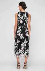 Petite Midi Embroidered Sleeveless Dress with Scallop Hem Detail and Tie Belt