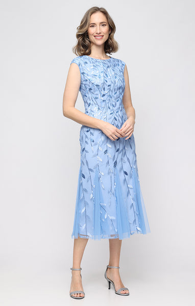 Midi Embroidered Dress with Illusion Neckline and Godet Detail Skirt