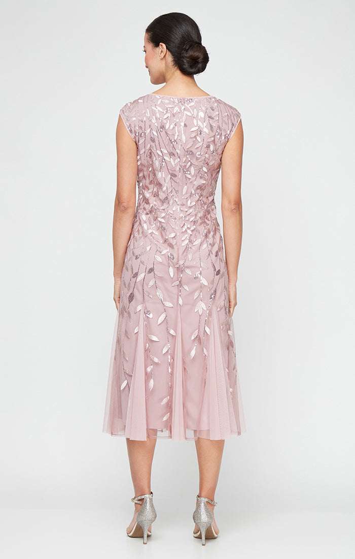 Plus Midi Embroidered Dress with Illusion Neckline and Godet Detail Skirt