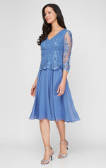 Petite Midi Embroidered Mock Dress with V-Neckline, Illusion Sleeves and Full Chiffon Skirt