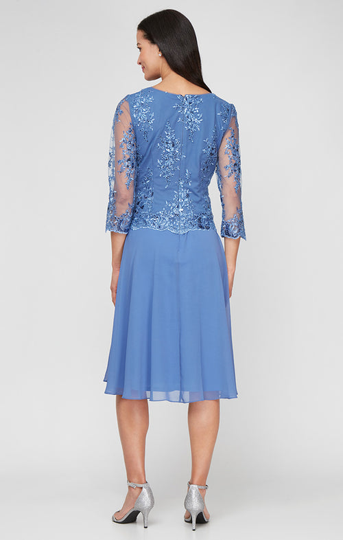 Petite Midi Embroidered Mock Dress with V-Neckline, Illusion Sleeves and Full Chiffon Skirt