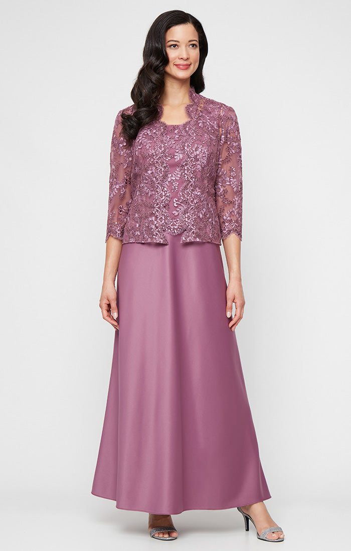 Petite - Embroidered Tulle Mock Jacket Dress with Open Scallop Detail Jacket and Satin Skirt