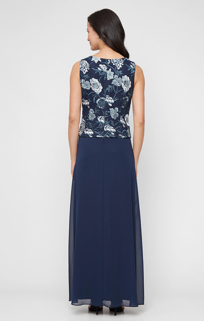 Petite Long Embroidered Tulle Mock Jacket Dress with Scoop Neckline and Chiffon Skirt