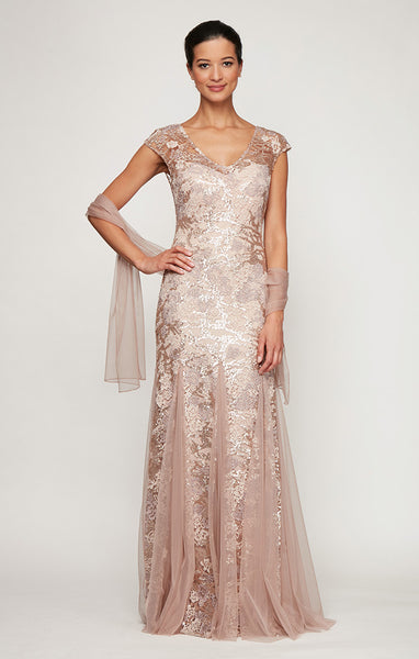 Alex Evenings Emily Embroidered Fit and Flare Dress Rose Gold / 14 Alex Evenings Emily Embroidered Fit and Flare Dress Rose Gold / 14