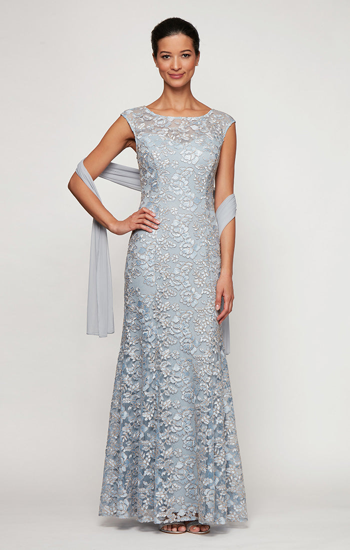 Long Embroidered Fit Flare Dress with Illusion Neckline and Shawl