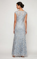 Petite Embroidered Tulle Lace Fit & Flare Gown with Illusion Neckline and Shawl