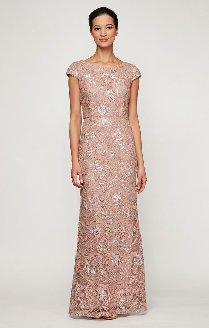 Long Embroidered Gown with Cap Sleeves & Sequin Detail