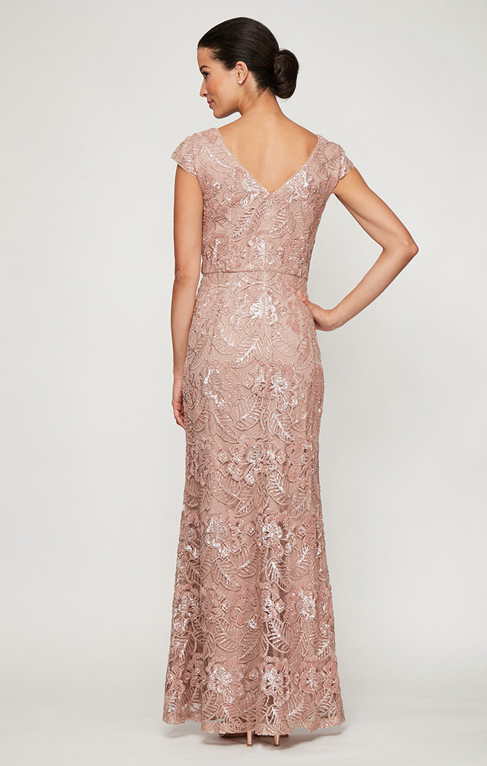 Long Embroidered Gown with Cap Sleeves & Sequin Detail