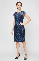 Embroidered Cap Sleeve Lace Cocktail Dress with Illusion Neckline & Scallop Detail Hem