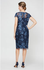 Embroidered Cap Sleeve Lace Cocktail Dress with Illusion Neckline & Scallop Detail Hem