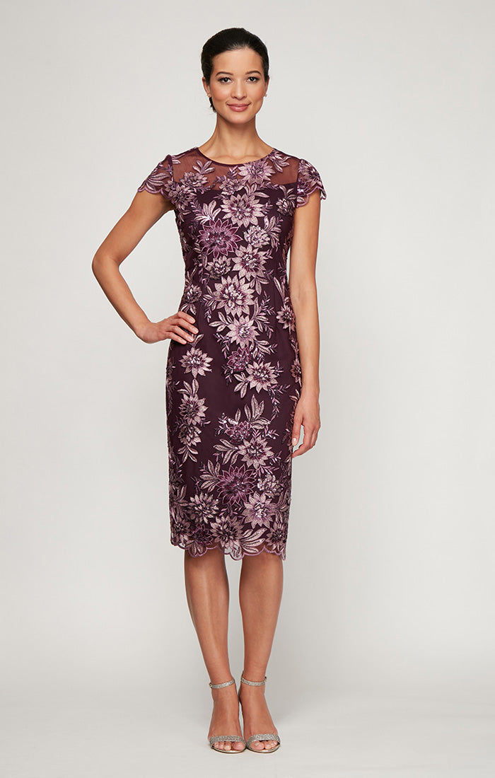 Embroidered Cap Sleeve Lace Cocktail Dress with Illusion Neckline & Scallop Detail Hem