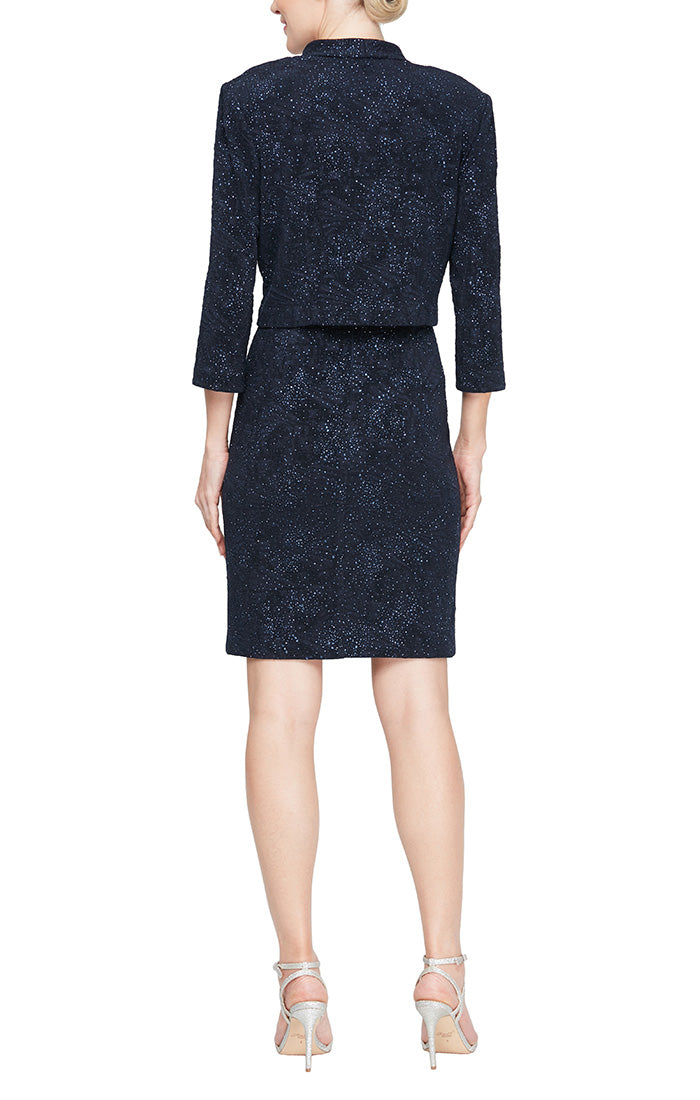 Short Sheath Jacquard Knit Jacket Dress with Square Neckline, Front Slit and Open Jacket