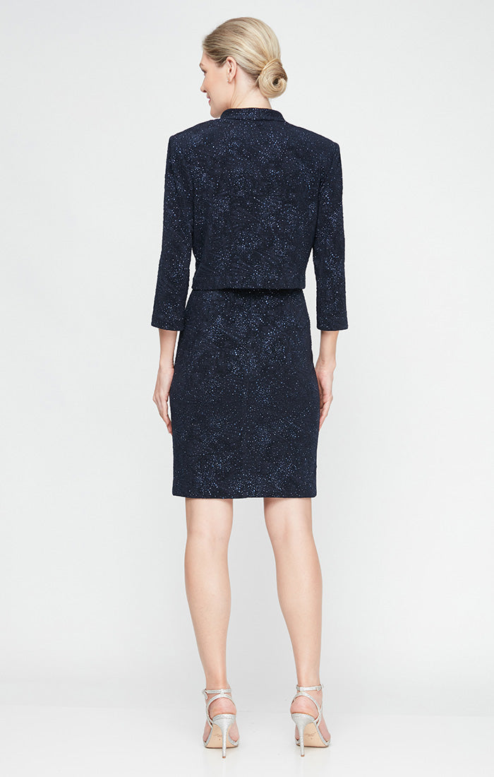 Short Sheath Jacquard Knit Jacket Dress with Square Neckline, Front Slit and Open Jacket