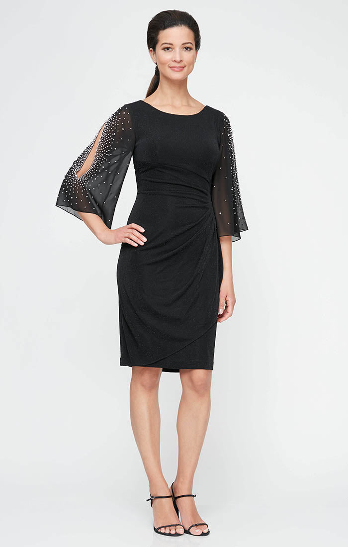 Petite Metallic Knit Party Dress with Embellished Illusion Sleeves